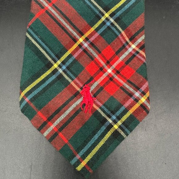 Vintage Plaid Tie Polo Ralph Lauren USA Red Green Tartan Necktie Horse Logo - Picture 2 of 8